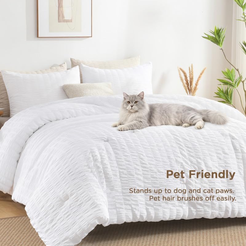 Image of AveLom Seersucker King Comforter Set (104x90 inches), 3 Pieces - 100% Soft Washed Microfiber Lightweight Comforter with 2 Pillowcases, All Season Down Alternative Comforter Set for Bedding, White