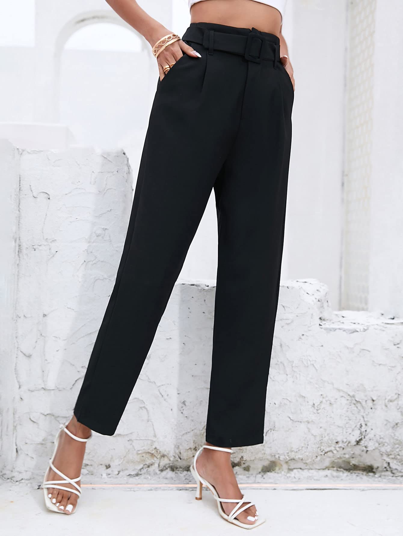REDESYN Pants for Women Womens Pant Solid Slant Pocket Belted Pants Pants Color Black Size Large