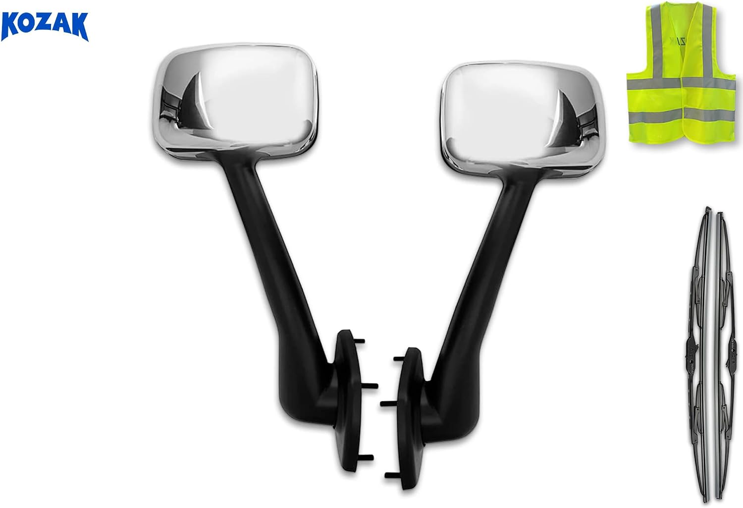 KOZAK Hood Mirrors Chrome Set Compatible with Freightliner Cascadia 2008-2016, Right Passenger & Left Driver Side, Includes Logo, 2x 22" Windshield Wipers, and Reflective Vest