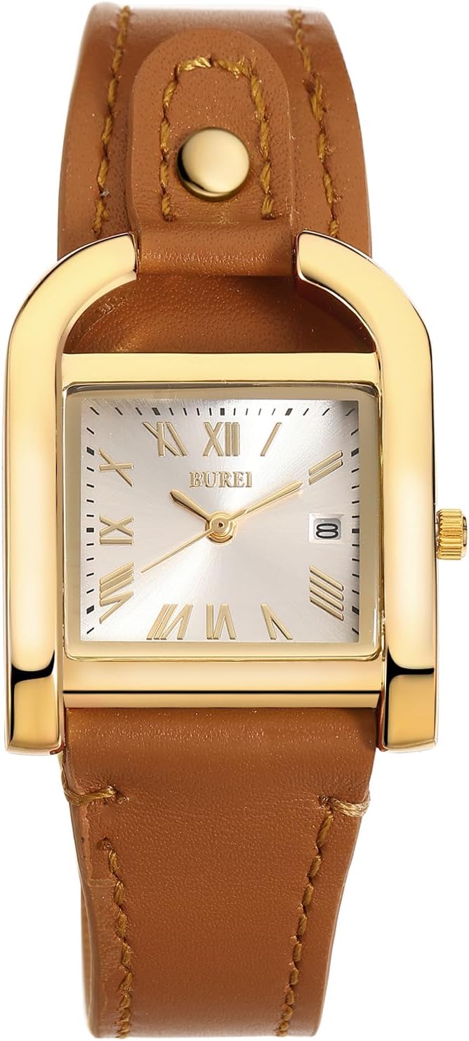 BUREI Women's Watch Classic Leather Strap Square Quartz Ladies Watch,Simple Waterproof with Calendar Design, Gift for Women