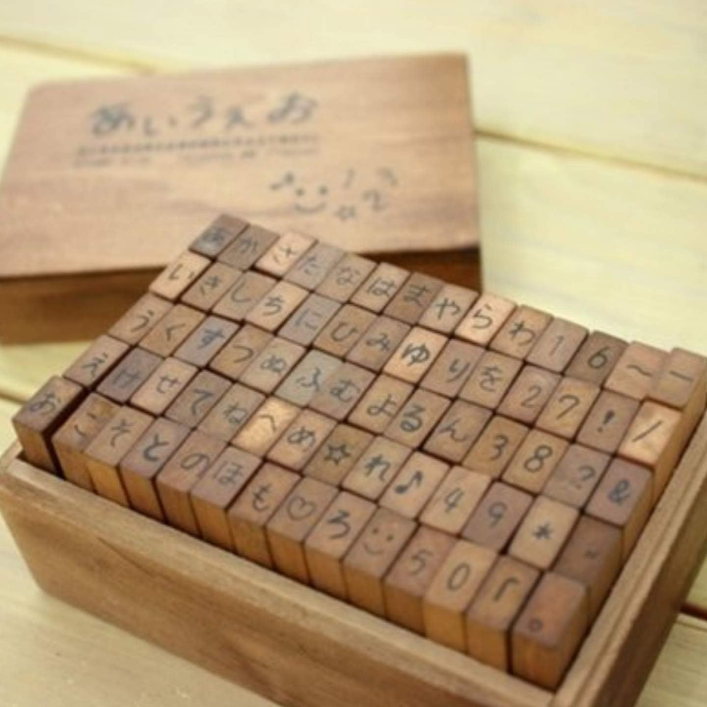 Japanese Alphabet (Hiragana) Rubber Stamp - 70 pcs - Letter Characters - Wooden Box Vintage Antique Finish - DIY