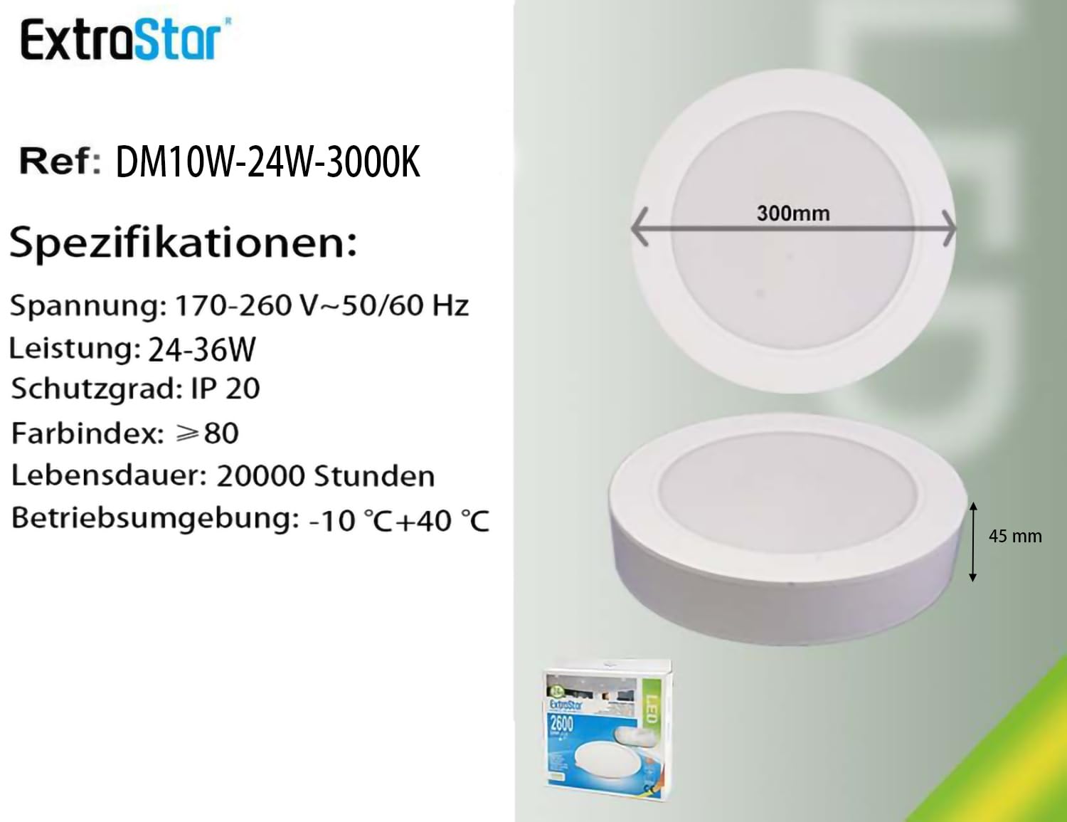 EXTRASTAR Deckenlampe LED Rund Deckenleuchte: Lampe Wohnzimmer 24W 3000K Warmweiß 2600LM Ø30CM, Wasserfest Modern Flach Schlafzimmerlampe für Bad Flur Balkon Wohnzimmer Küche Keller