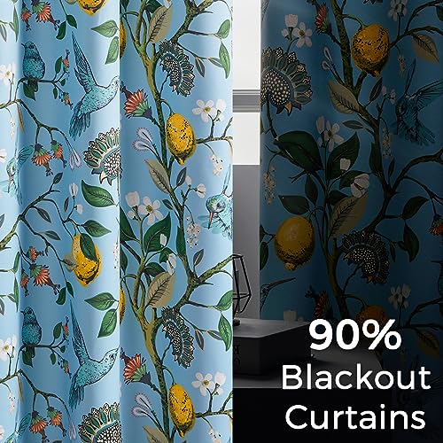 Image of Topfinel Blue Patterned Curtains 2 Pages 96 Inches Long Blackout Heat Block Farmhouse Watercolor Floral Flower Hummingbird Printed Drapes Grommet Window Treatment for Living Room,96 Inch Length
