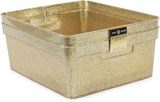 Isaac Jacobs Medium Glitter Storage Bin 14 x 11.5 x 5.5 Set w/Cut-Out Handles, Plastic Organizer, Multi-Functional, Home Storage Solution, Kids Playroom, Bedroom, Closet 2, Gold