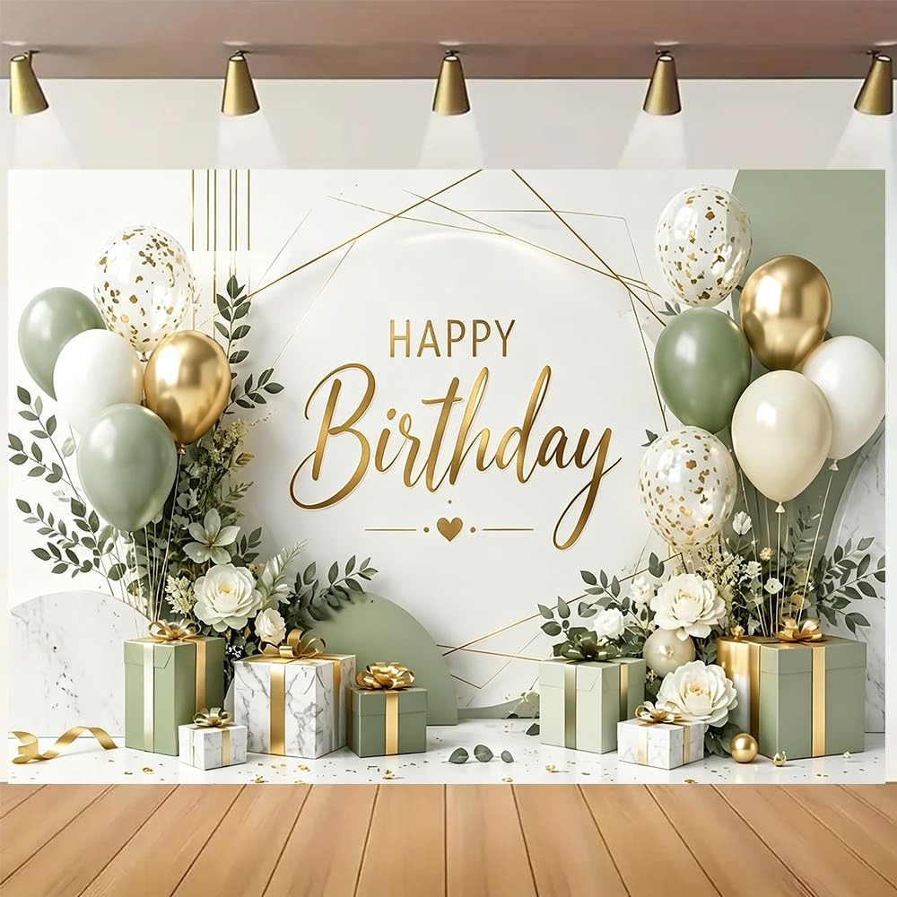 Toile de fond pour anniversaire Motif floral marbré Vert sauge