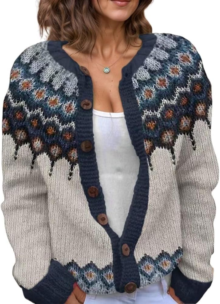 Women's Fair Isle Pattern Knit Cardigan Sweater Vintage Button Down Open Front Jacket Coat for Fall & Winter 2025