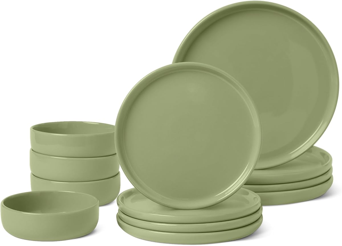 Amazon Basics Vajilla de gres esmaltado, juego de 12 piezas, 4 cubiertos completos, apta para microondas y lavavajillas, color oliva