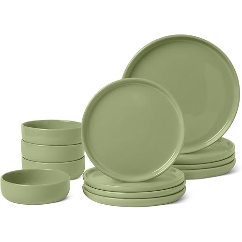 Amazon Basics Glazed Stoneware Dinnerware, Ceramic 12-Piece Set, 4 Full Place Settings, Dishwasher-Safe, Olive