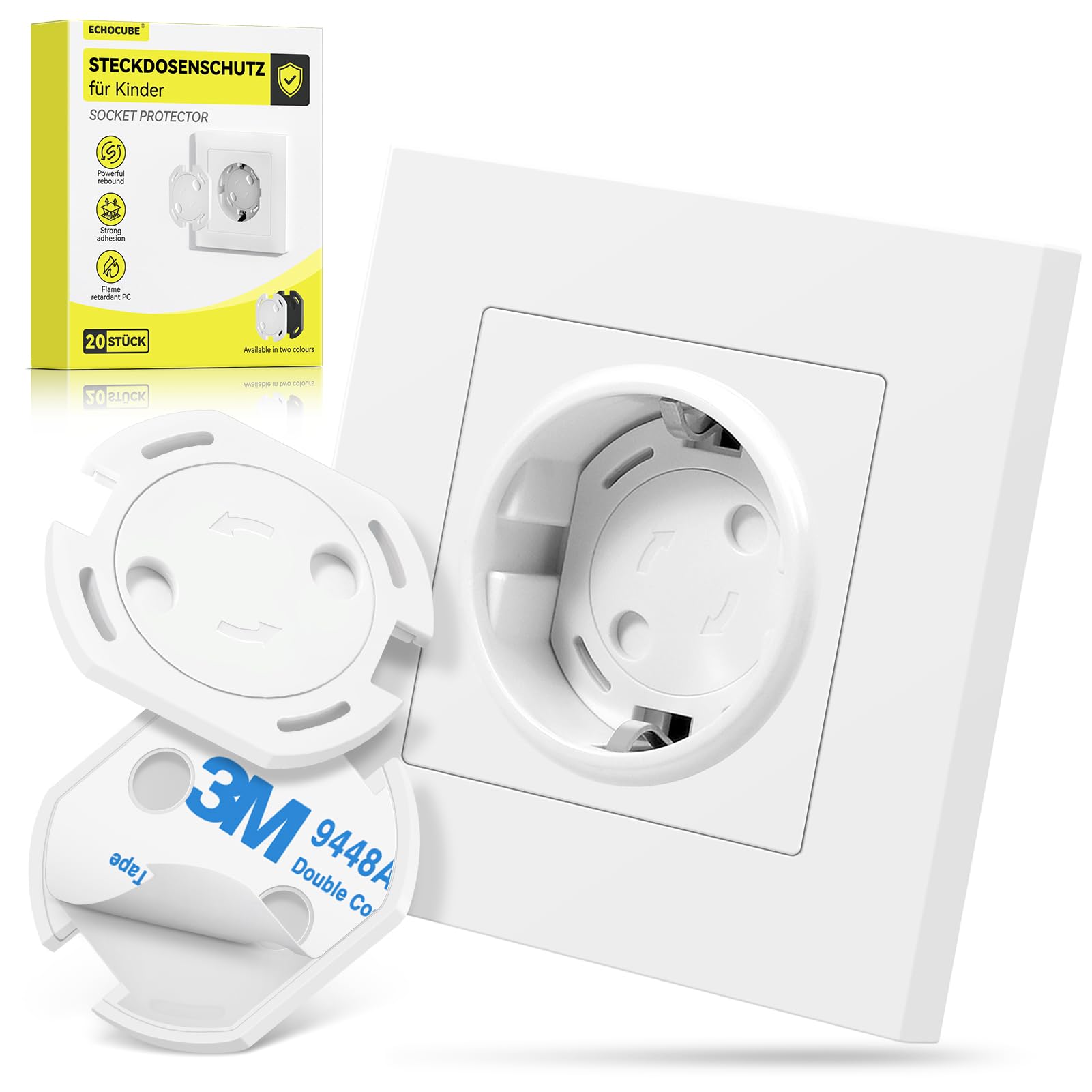 ECHOCUBE 20 Stück Steckdosenabdeckungen, Baby-Sicherheitssteckdosenabdeckungen mit starken 3M-Klebebändern, kindersichere Steckdosenabdeckungen für Haus, Schule, Kindergarten, Kinderzimmer (weiß)