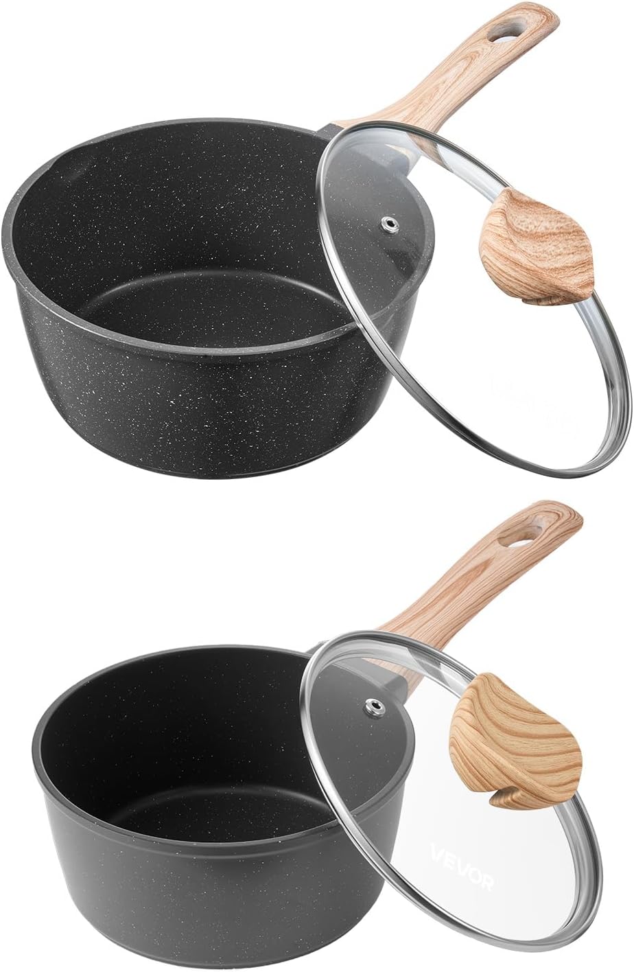 VEVOR Saucepan Set, 1.5 QT & 2.5 QT Nonstick Saucepan with Glass Lids, Multipurpose Cooking Sauce Pots with Detachable Handles, Sauce Pan Kitchen Cooking Pot with Coating, Induction Compatible, Black