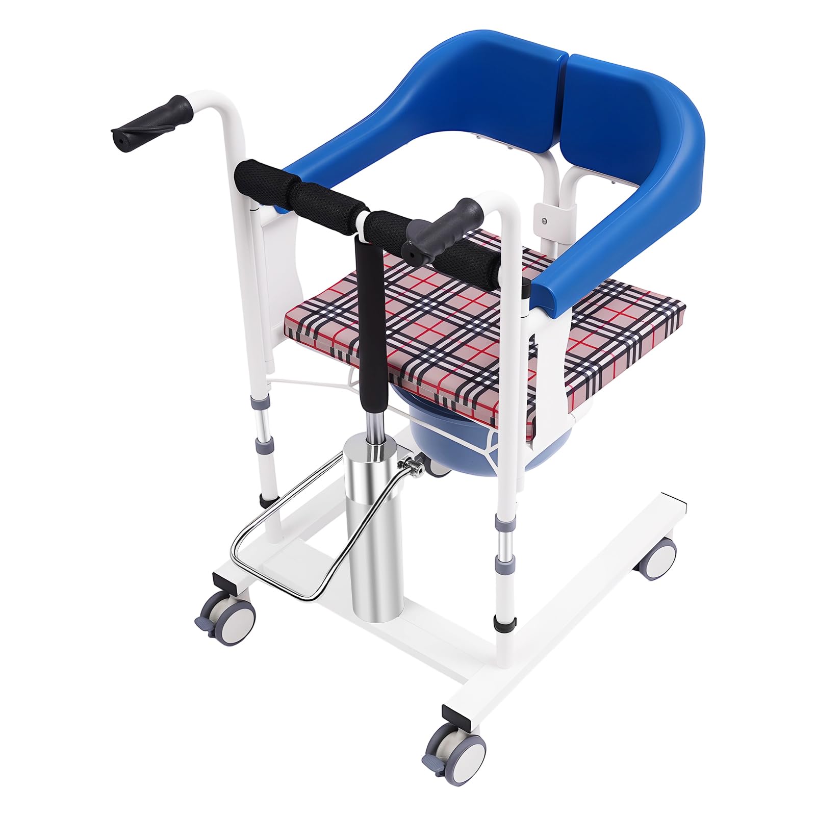 Elevador de pacientes hidráulico, silla de traslado, silla de ducha, asiento de inodoro, apertura de 180°, altura regulable, carga de 90 kg, con orinal, ruedas con frenos, para personas mayores, azul