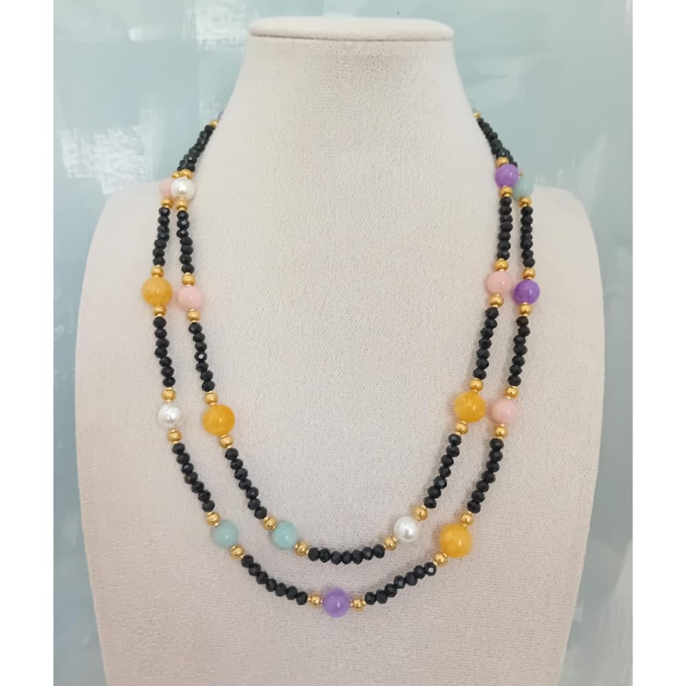 Generico Collana Donna a Doppio Filo con Cristalli Neri | Pietre Dure Multicolore | Collana Elegante con Componenti | Chiusura in Acciaio Dorato | Gioiello Donna Idea Regalo