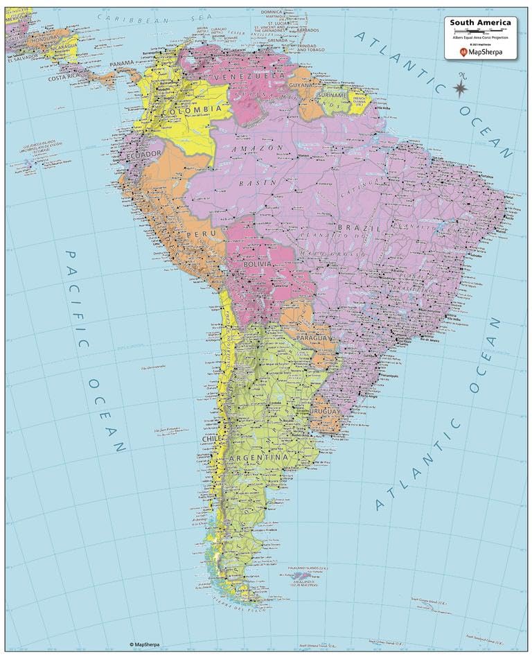 MapSherpa: South America Political Wall Map - Compact - 16 x 19.75 inch Poster - Front Lamination