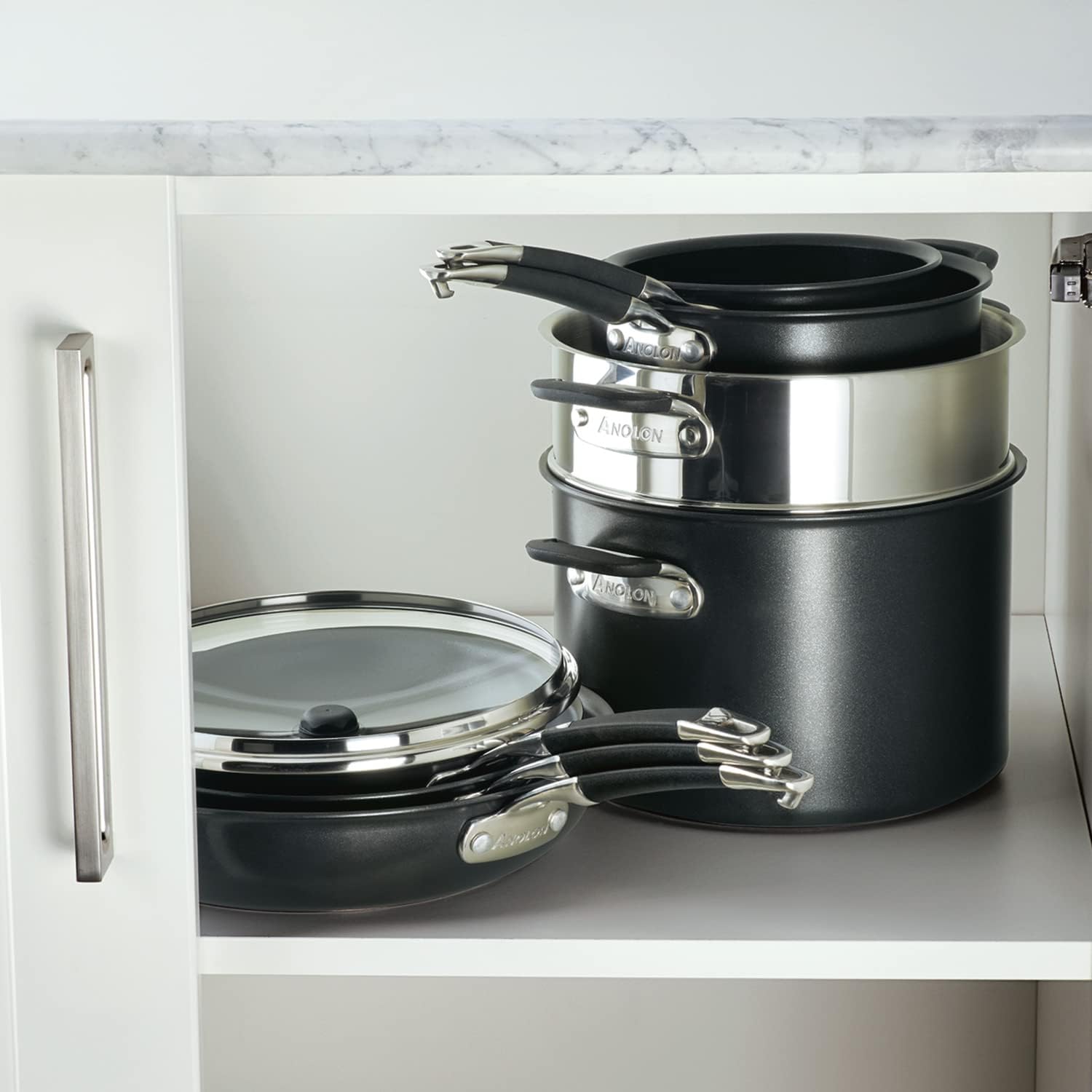 Anolon SmartStack Hard-Anodized Nesting Pots and Pans Set/Cookware Set, 10-Piece, Black