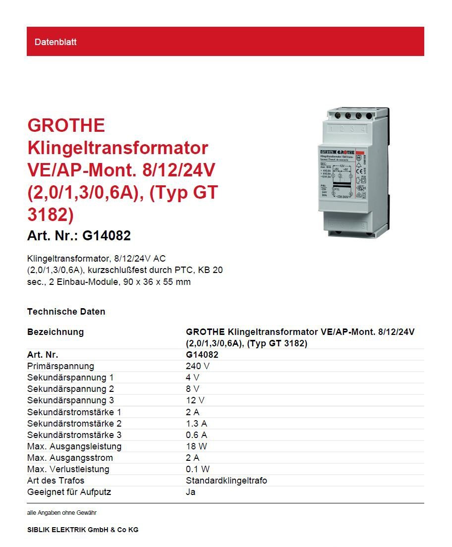 Grothe 1512014 GT 3182 - Timbre Transformador (8/12/24 V CA, 2/1,3/0,6 A)
