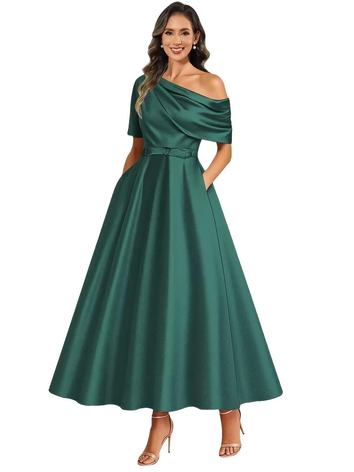 EAURIC Satin Mother of The Bride Dresses for Wedding Ruffle Long Formal Dress for Women with Pockets