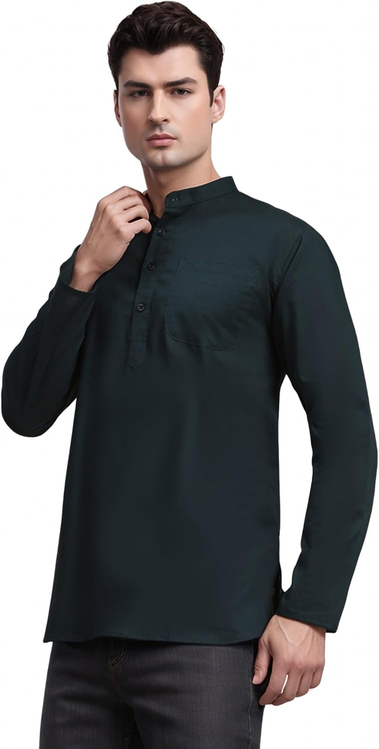 SKAVIJ Men’s Cotton Kurta Shirt – Long Sleeve Henley Tunic with Mandarin Collar Chest Pocket – Casual Ethnic Wear Top