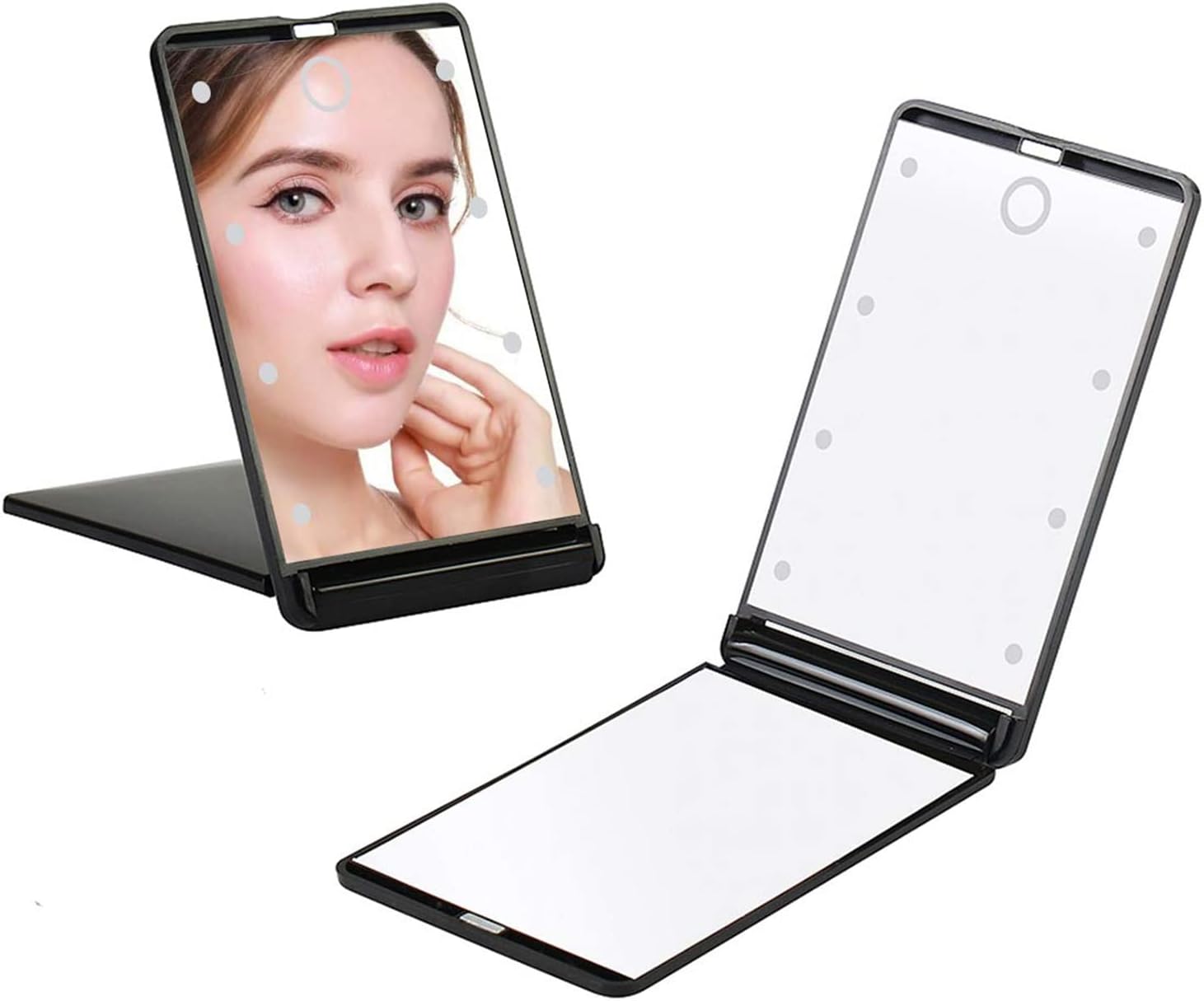 Arabest LED Lighted Travel Mirror, 1X/2X Magnification Folding Compact Mirror, Portable Makeup Mirror with 8 Dimmable LED Lights, Touch Switch Travel Tabletop Cosmetic Mirror (Black)