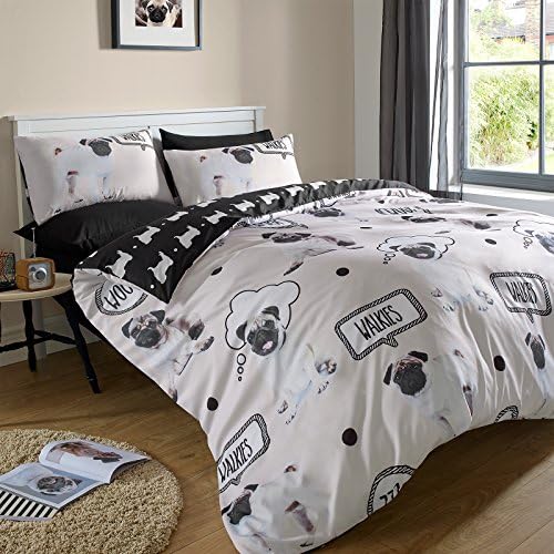 Duvet Cover with Pillowcase Bedding Set Walkies Pug Dog Cream - Single