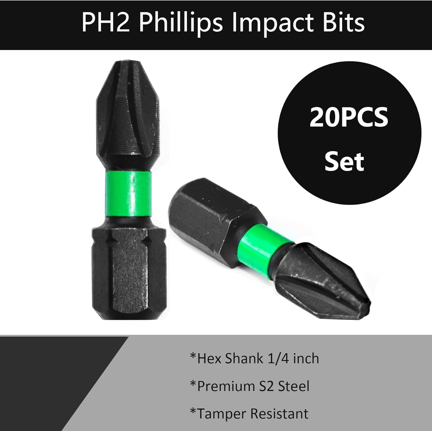 PH2 Phillips Impact Screwdriver Bits Set, 20-Pack, 1-Inch Length, Magnetic 1/4 Inch Hex Shank, Anti-Slip