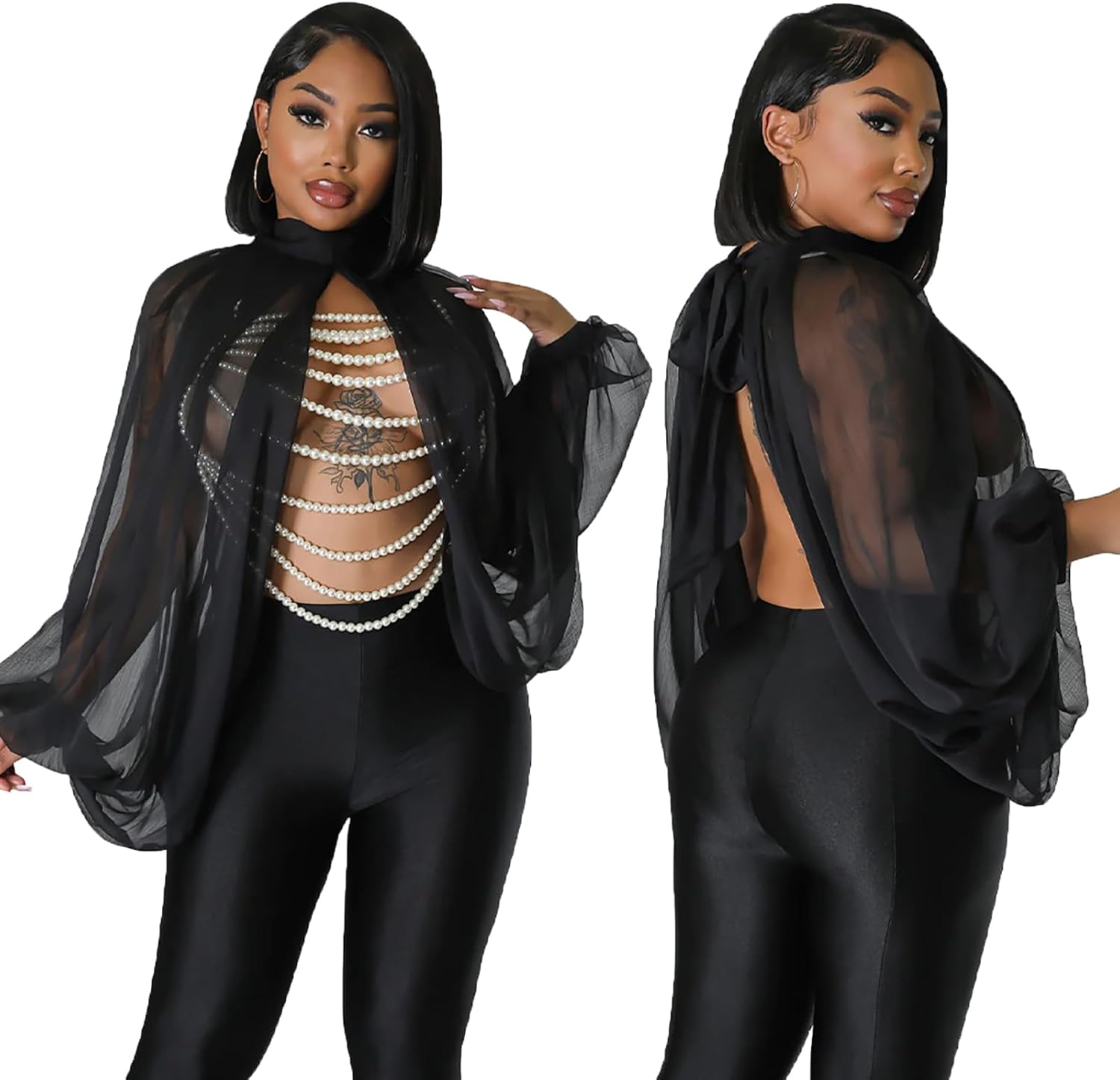 Women's Sexy See Through Chiffon Sheer Lantern Sleeve Front Back Open High Neck Self Tie Casual Shirts Blouses Tops - Image 2