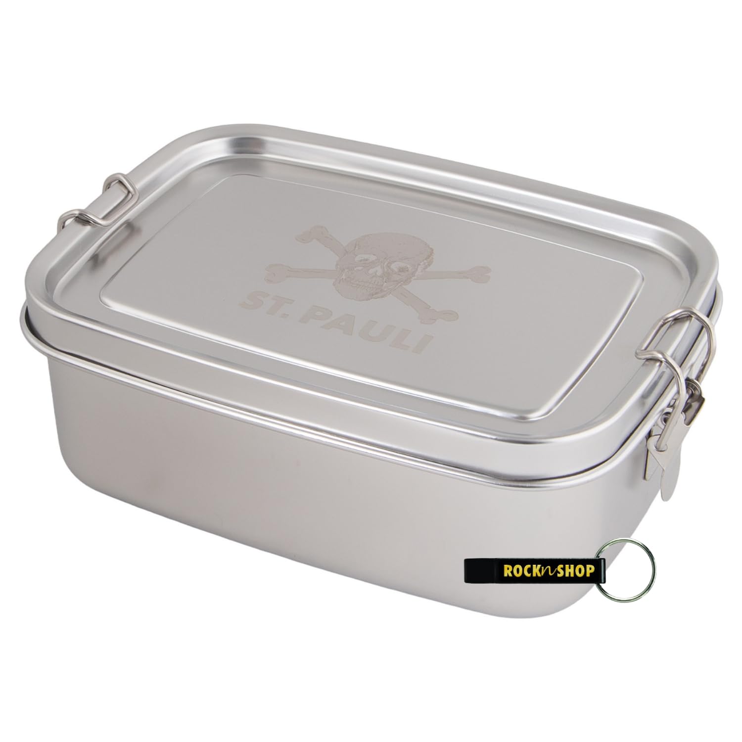 FC St. Pauli Lunchbox Edelstahl Totenkopf, 1100 ml Brotdose aus Edelstahl mit Bügelverschluss & Silikondichtung, langlebig & nachhaltig, offizieller Fanartikel + ROCKnSHOP Flaschenöffner