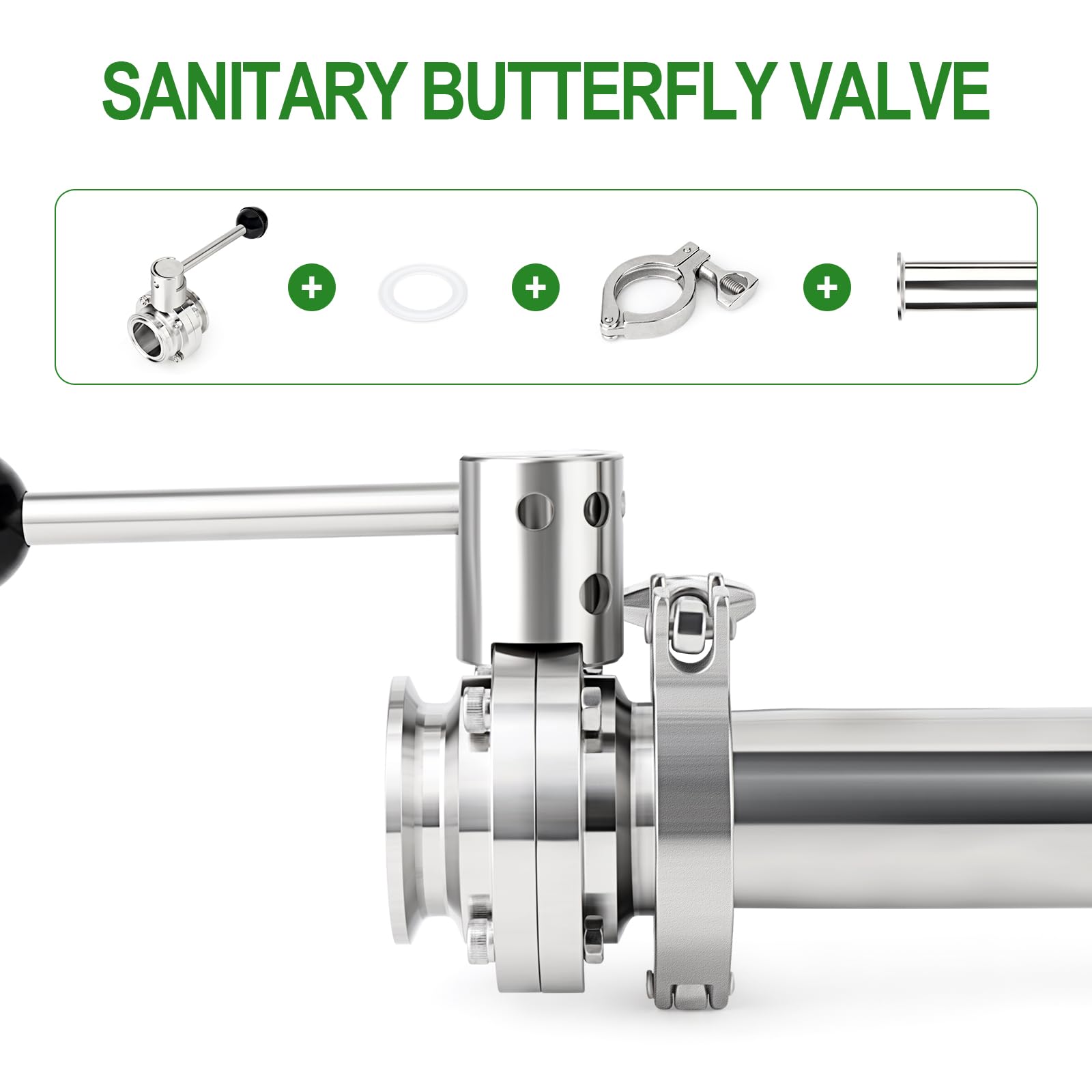 TAISHER 1 válvula de mariposa sanitaria de acero inoxidable 304 de 1.5 pulgadas con brida de virola de 50.5 mm con abrazadera triple de 2 pulgadas y junta de silicona