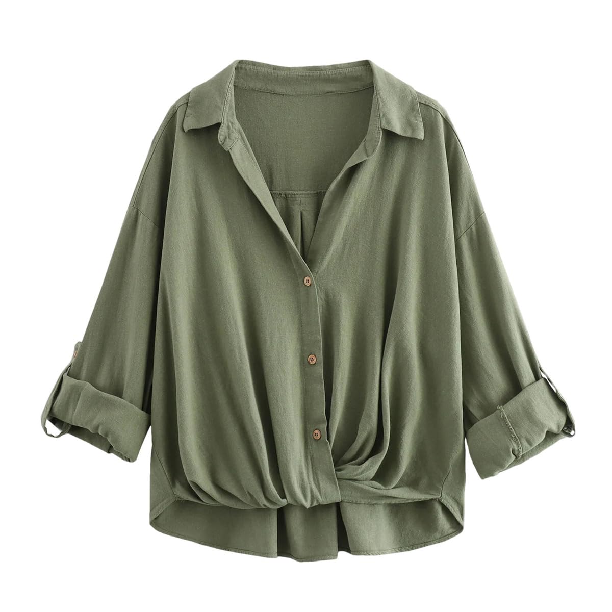 Camicia da donna alla moda in misto lino con nodo retrò maniche risvolto bottone frontale versatile top