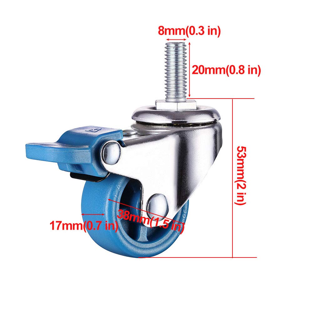 Möbelrollen, Caster Wheels,Wheels 4pcs Swivel Stem Caster,PA Nylon Material Castors,Metal Furniture Wheel,Threaded Rod Mounting,Silent,90kg Capacity,Blue,for Chair Sofa Coffee Table Stand (50mm,Brake)