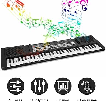 61 Key Keyboard Piano with Microphone, Speakers, Portable Electric Keyboard Piano for Beginners, 16 Tones, 10 Rhythms, 6 Demos, 8 Percussion