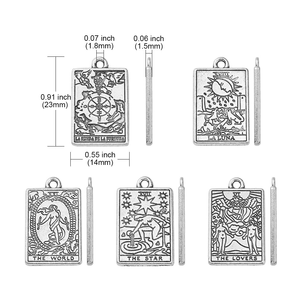 Stiesy 50pcs 5 Styles Antique Tarot Card Charms Tibetan Silver Vintage Divination Card Dangle Charms for DIY Crafts Bracelet Jewelry Making - Image 2