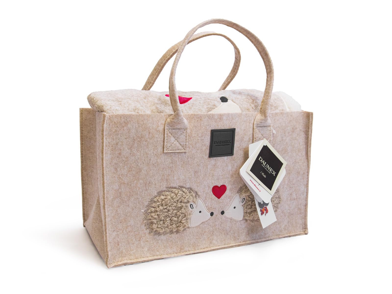 Daunex Plaid Morbidotto Friend con applicazione Ricci Innamorati cm. 130 x 160 con Borsa in Feltro Colore Beige