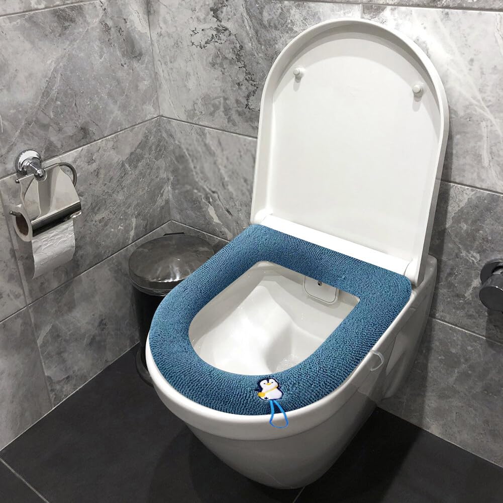 4 PCS Cute Animal Pattern Knitted Bathroom Soft Warmer Toilet Seat Pads, Universal Autumn Winter Washable Cloth Seat Cushion Cover with Handle