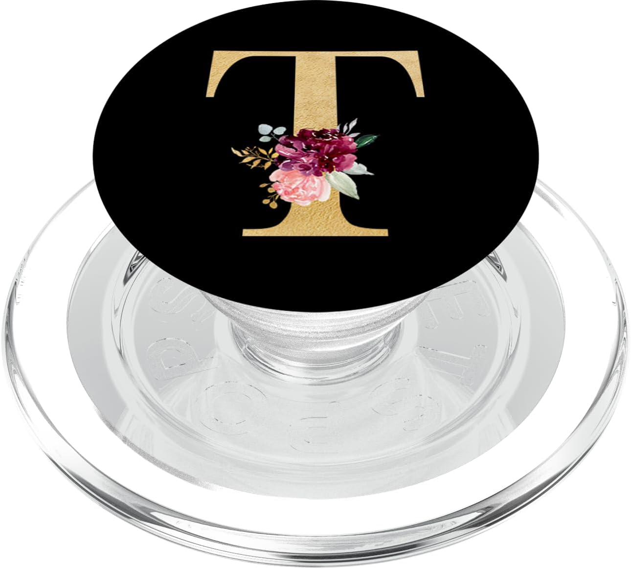 Monogram Initial Letter T Customized Floral Name on Black PopSockets MagSafe PopGrip for iPhone