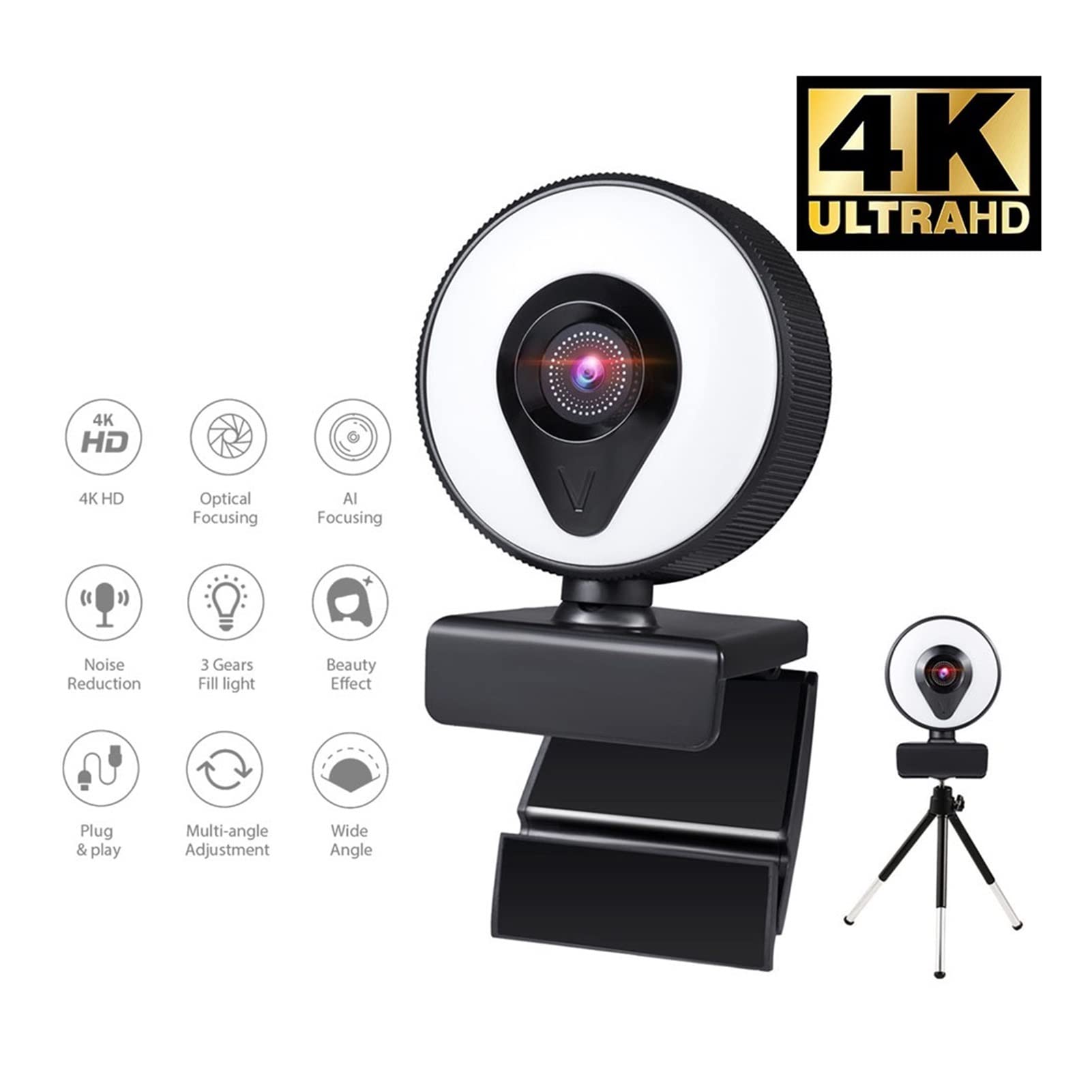 Web cam Webcam 4K 2K 1080P. Con microfono AUTO FOCUS FOCUS fotocamera web 3 gradi anello luce abbellimento di illuminazione video for la webcam di trasmissione in diretta(1080P)
