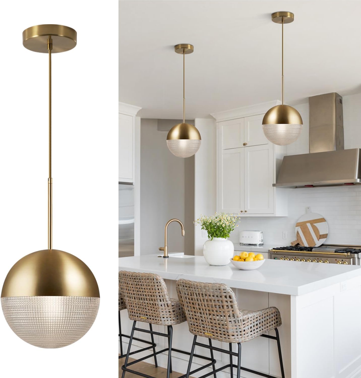 BOKT Mid Century Modern Globe Pendant Light Large Single Gold Kitchen Island Pendant Lighting 1 Light Glass Globe Hanging Light Fixture Adjustable Nordic Round Ball Pendant Light for Dining Room Foyer