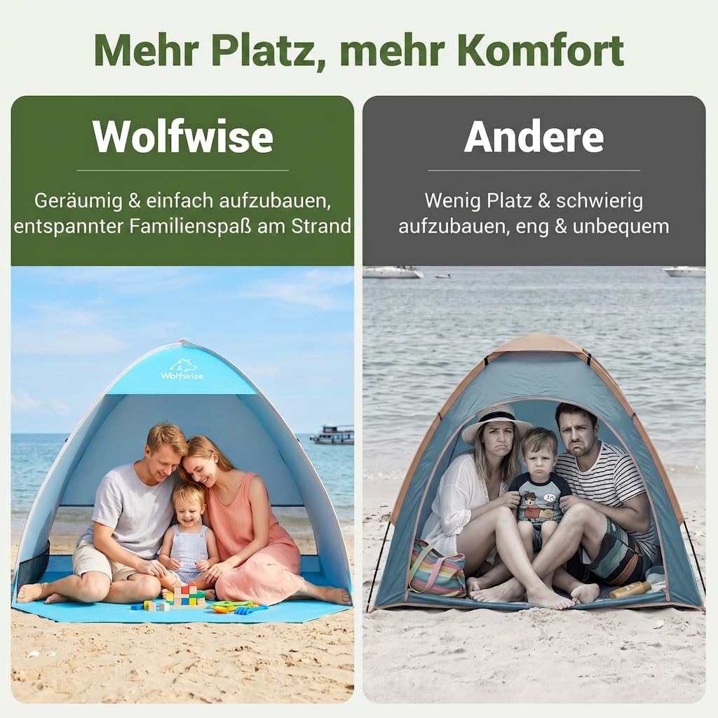 Wolfwise Strandmuschel Pop Up, Strandzelt mit UV-Schutz 50+, Sekundenschneller Aufbau, Wasserabweisend & Belüftet mit Sandtaschen für 2-3 Personen, 150x120x110 cm(59 ×47×43 in), Blau