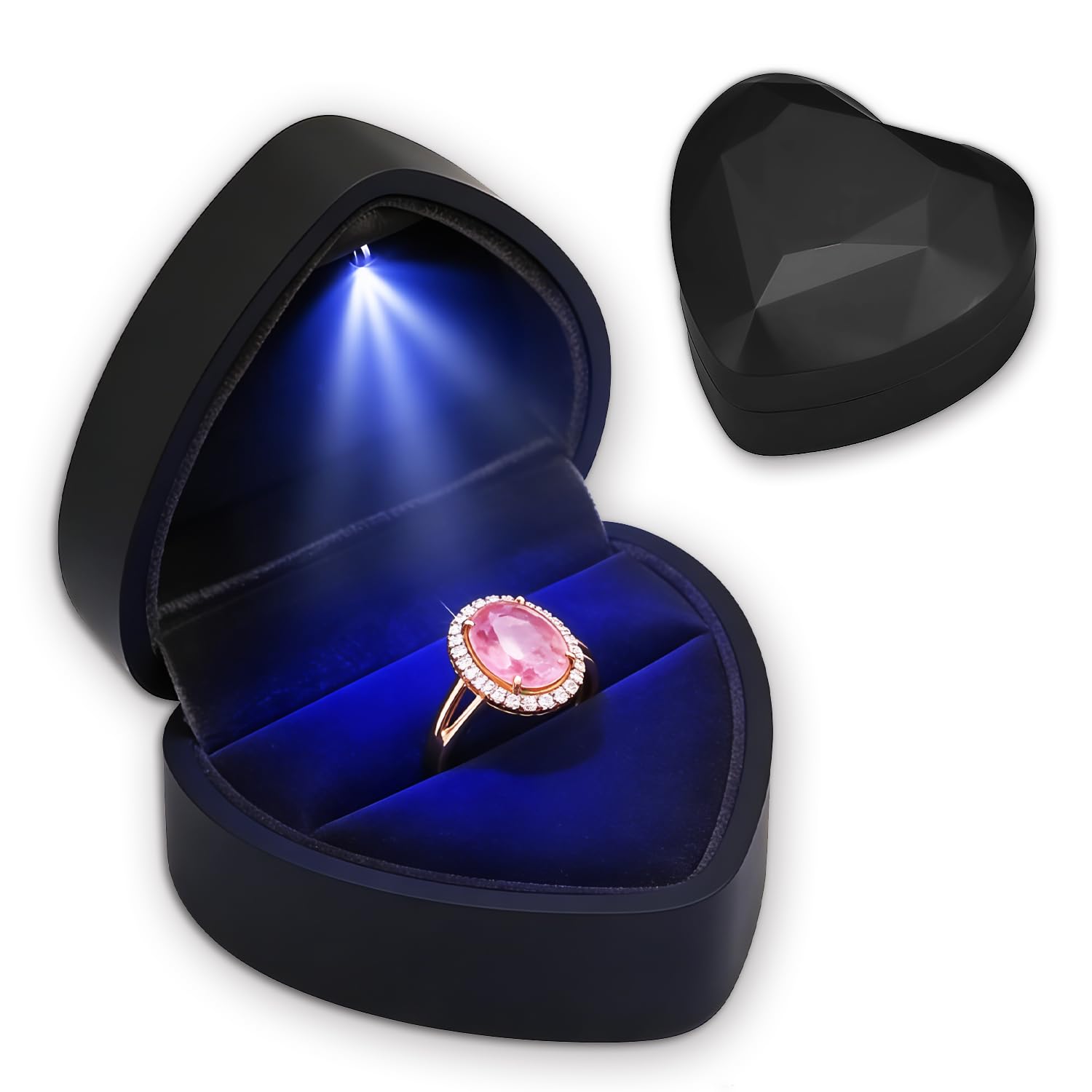 Ring Box With LED Light, Heart Shaped Velvet Ring Box with LED, Auto Lighted Up Jewellery Gift Box, Wedding Ring Box, Luxury Storage Box for Engagement Proposal Wedding Display Valentine Gift(Black)