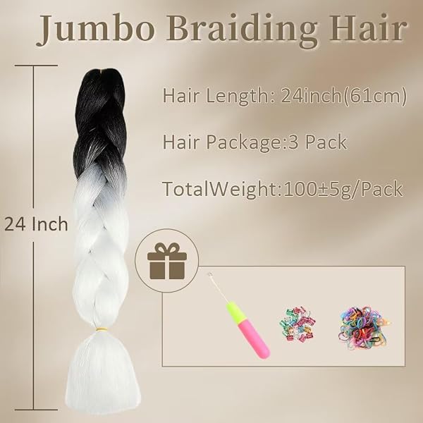 ShowJarlly Treccia Africane Extension 24", Treccia Capelli, Ombre Jumbo Treccia Capelli Fibra treccia di scatola, Per Crochet Twist Intrecciare I Capelli (Nero/bianco) - 2
