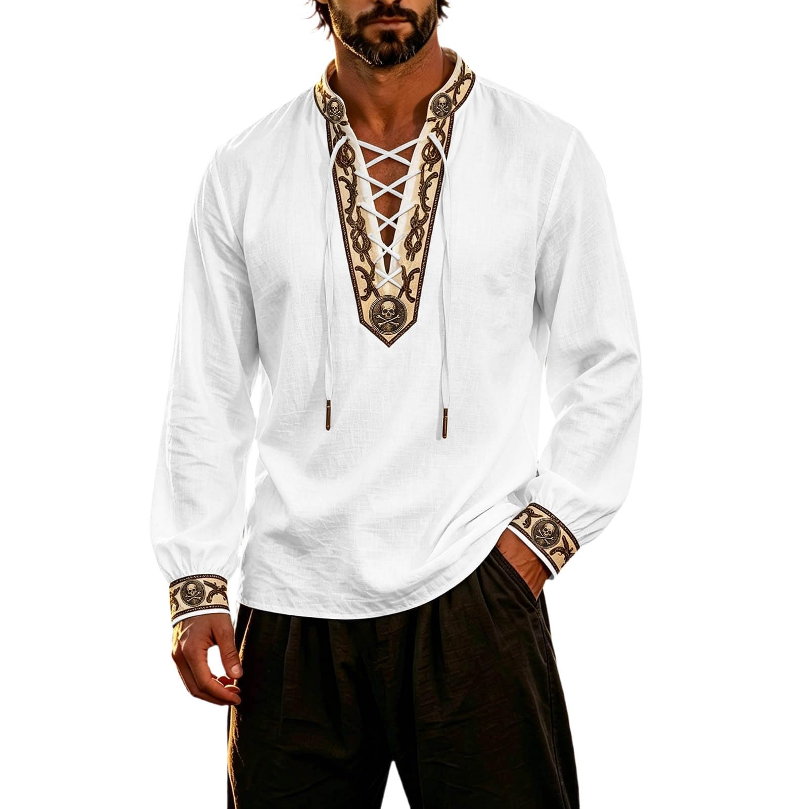 Classic Themed Men's Long Sleeve Shirt for Adventure Nautical Style Top with for Everyday Wear and Cosplay (j-White, M)