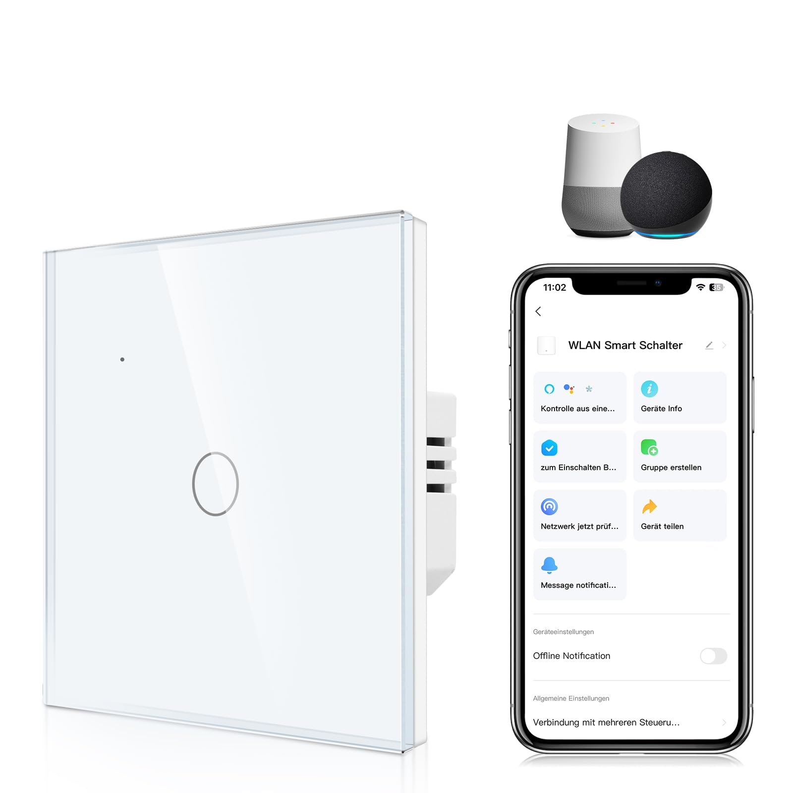 CNBINGO Interruptor de luz inteligente, interruptor táctil WiFi funciona con Alexa y Google Home, control multi aplicación, interruptor de pared de cristal empotrado, no requiere cable neutro