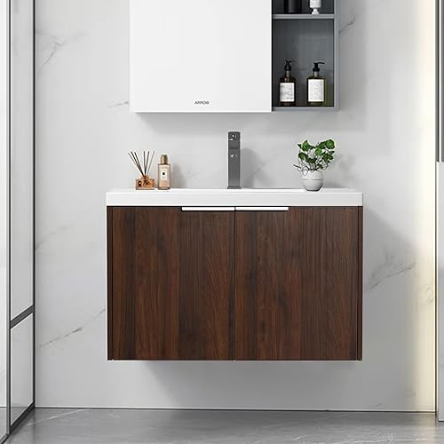 Pvillez Juego de tocador de baño de 30 pulgadas con lavabo, juego de armario de baño montado en la pared con lavabo de gel y puerta de gabinete de
