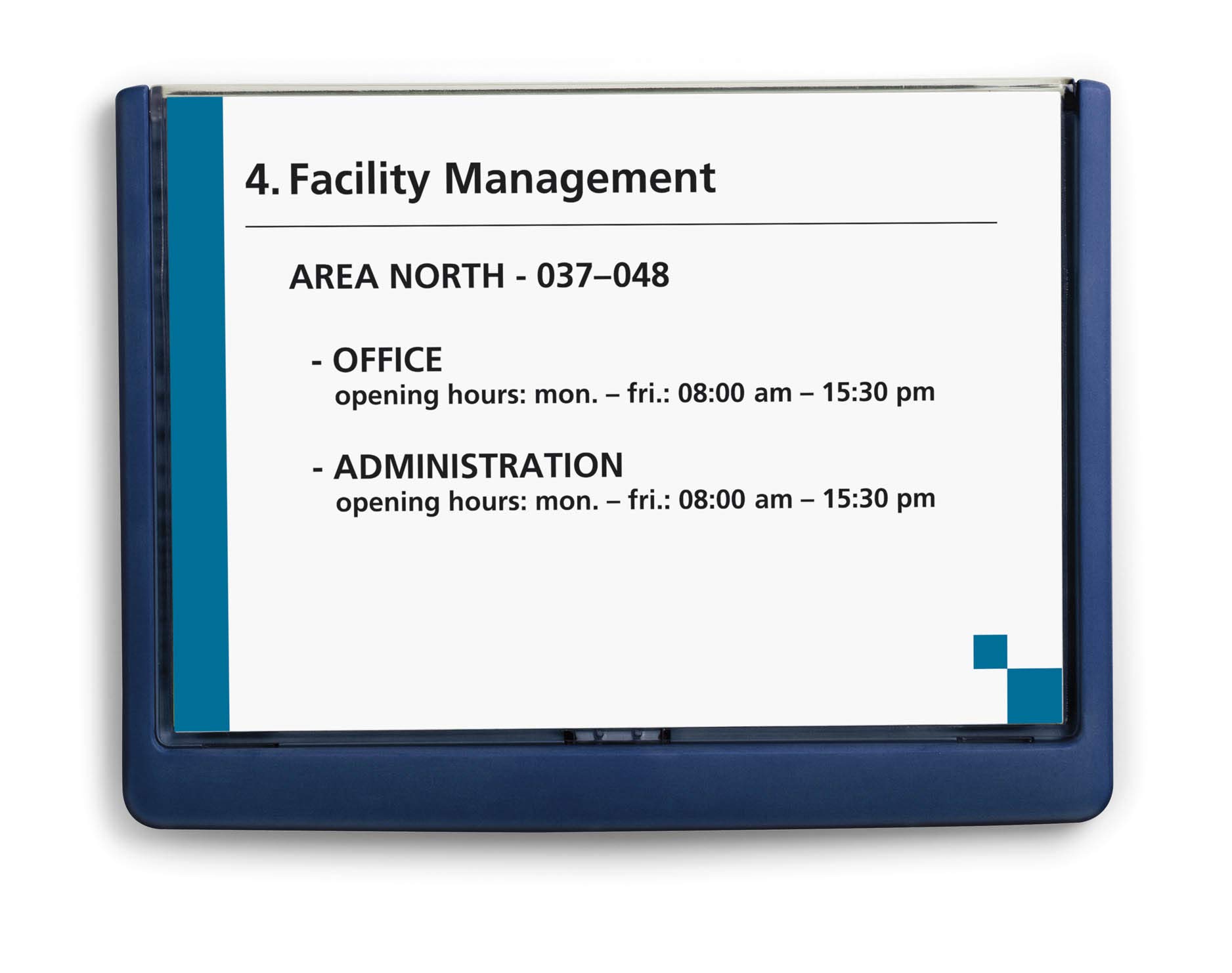 Durable Click Information Sign 210 x 148.5 mm Dark Blue | Door and Wall Sign | Includes Fittings | Ideal for Offices, Hotels, Public Buildings, etc.