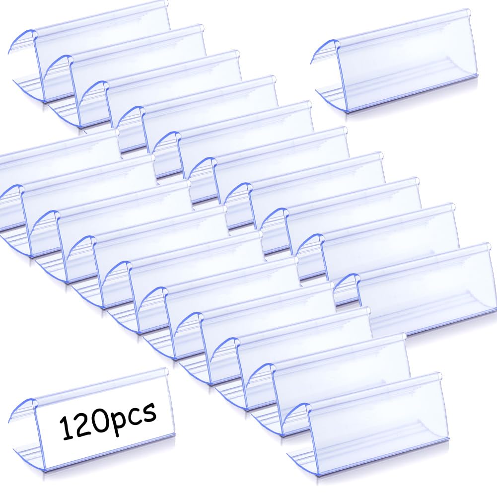DICOSMETIC 120Pcs Wood Shelf Label Holder Rectangle PVC Price Tags Label Holders Clip 2.40x1.04x0.85 Inch Clear Shelf Sign and Ticket Holder for Supermarket Retail Home Office Library