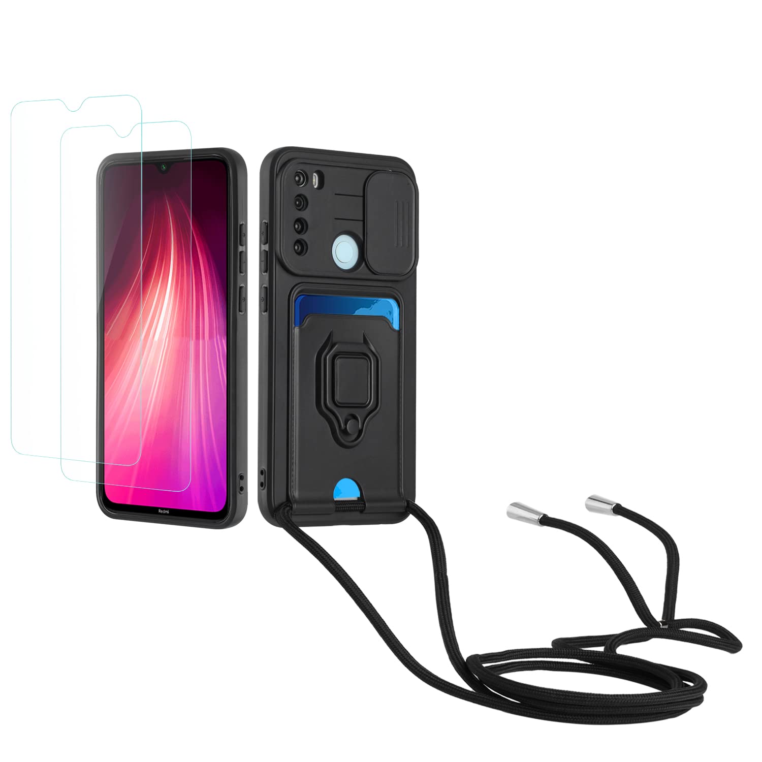Kaslly Funda con Cuerda para Samsung Galaxy A35+[2 Pack Protector Pantalla],Case con Ranura para Tarjetas,Cubierta de Cámara Deslizante Proteger,Doble Cara Protección-Negro — view 13