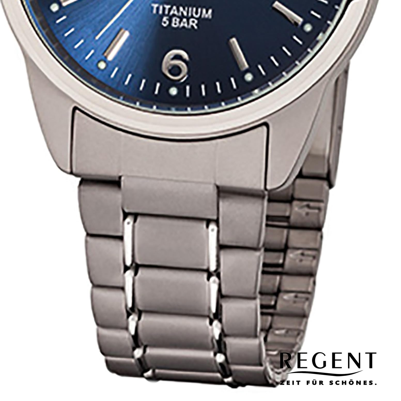 REGENT Zegarek męski z tytanowymi ogniwami bransoletka i tytanowa obudowa 36 mm średnica kwarcu cyfry arabskie data, niebieski, bransoletka