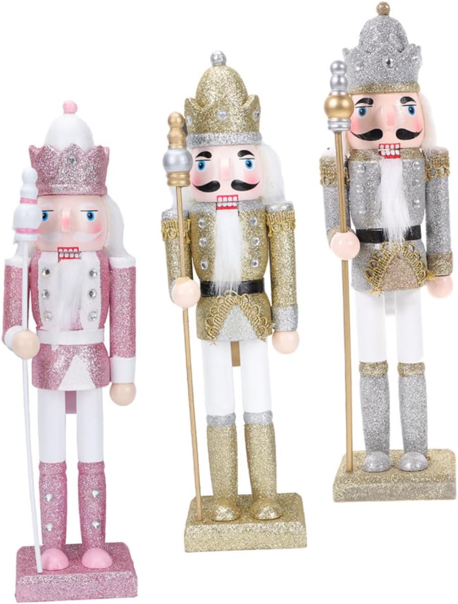 3pcs Wooden Nutcracker Figurines Glitter Pink Silver Gold Small Christmas Nutcracker Decor for Holiday Party Table and Shelf Display