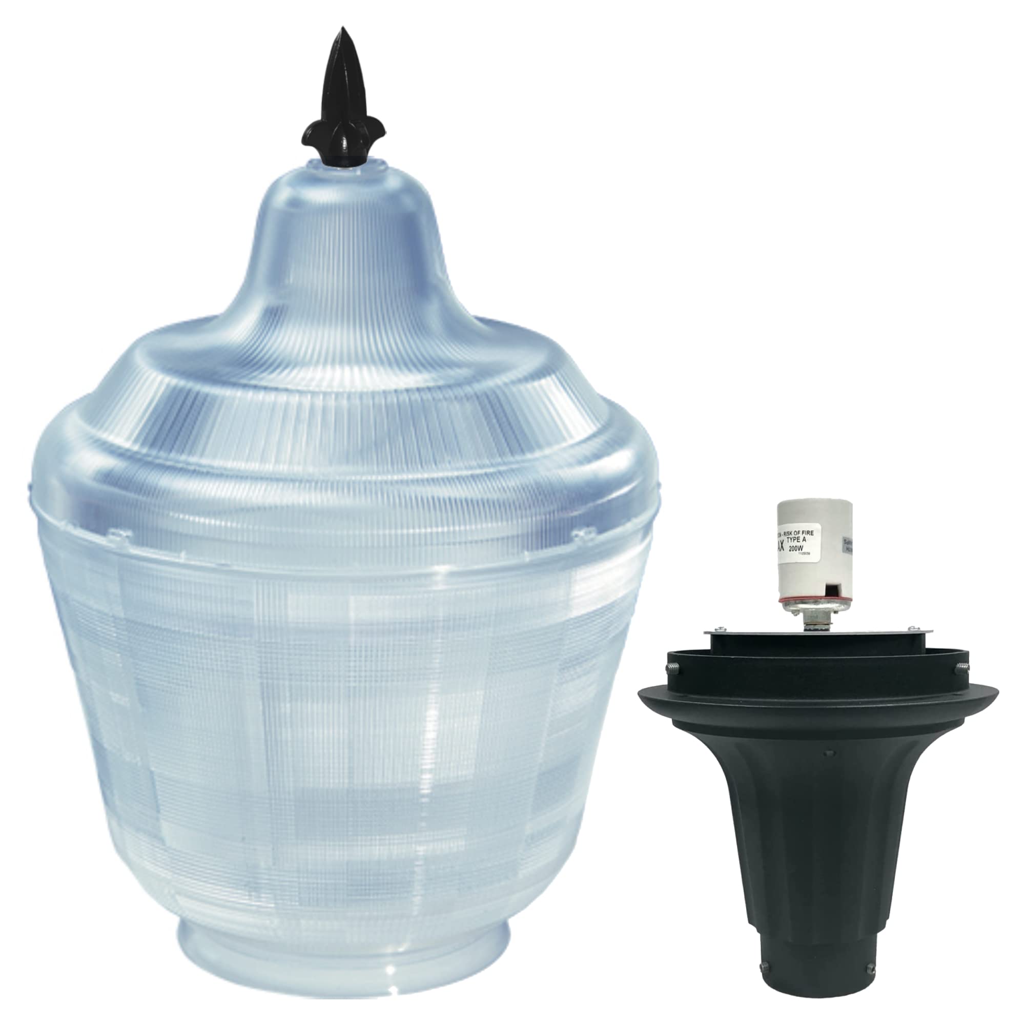 KastLiteLamp Post Top Replacement Cover with Finial & Cast Aluminum Fitter - Acorn Lantern Refractor Lens - Little Lindy 408 Pole Mount Outdoor Light Cover - Prismatic Acrylic Street Lighting Shade