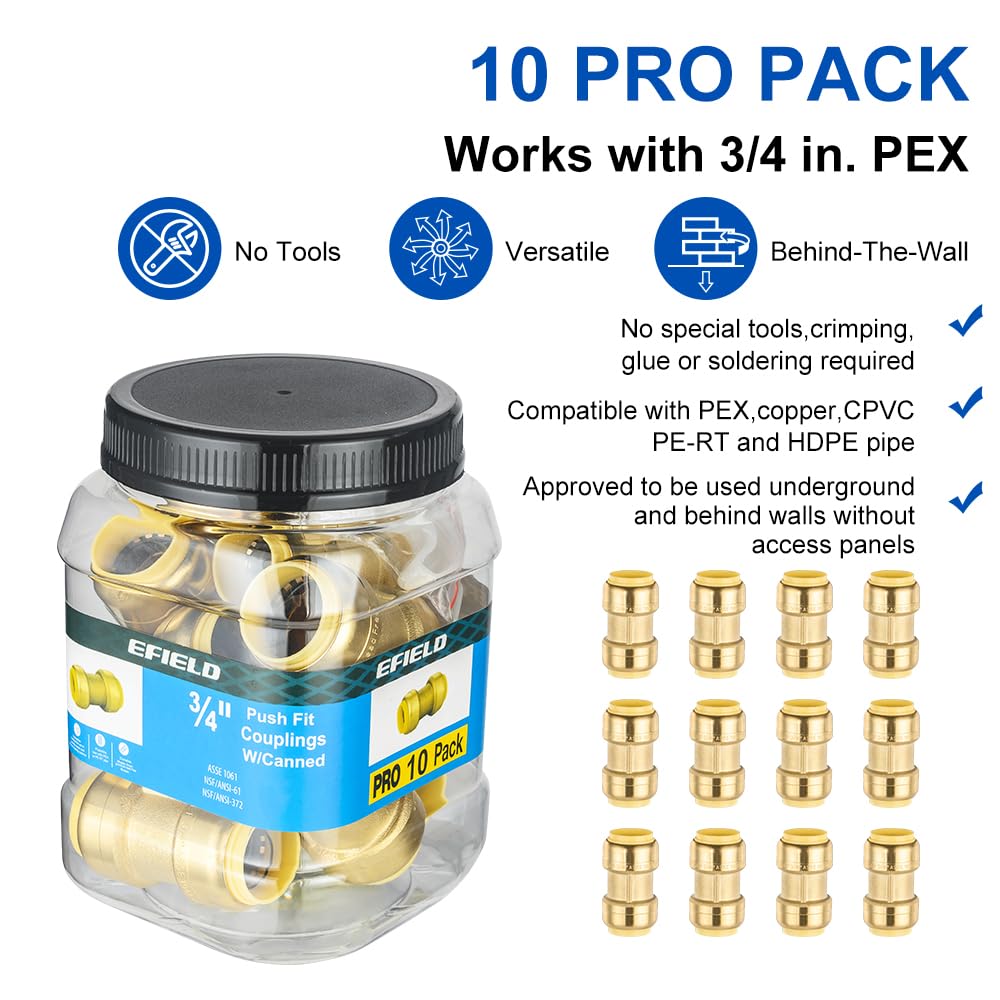 Pro Lot de 10 raccords droits en laiton EFIELD 1,9 cm x 1,9 cm, raccord à emboîter pour connecter Pex, cuivre, CPVC, cUPC certifié