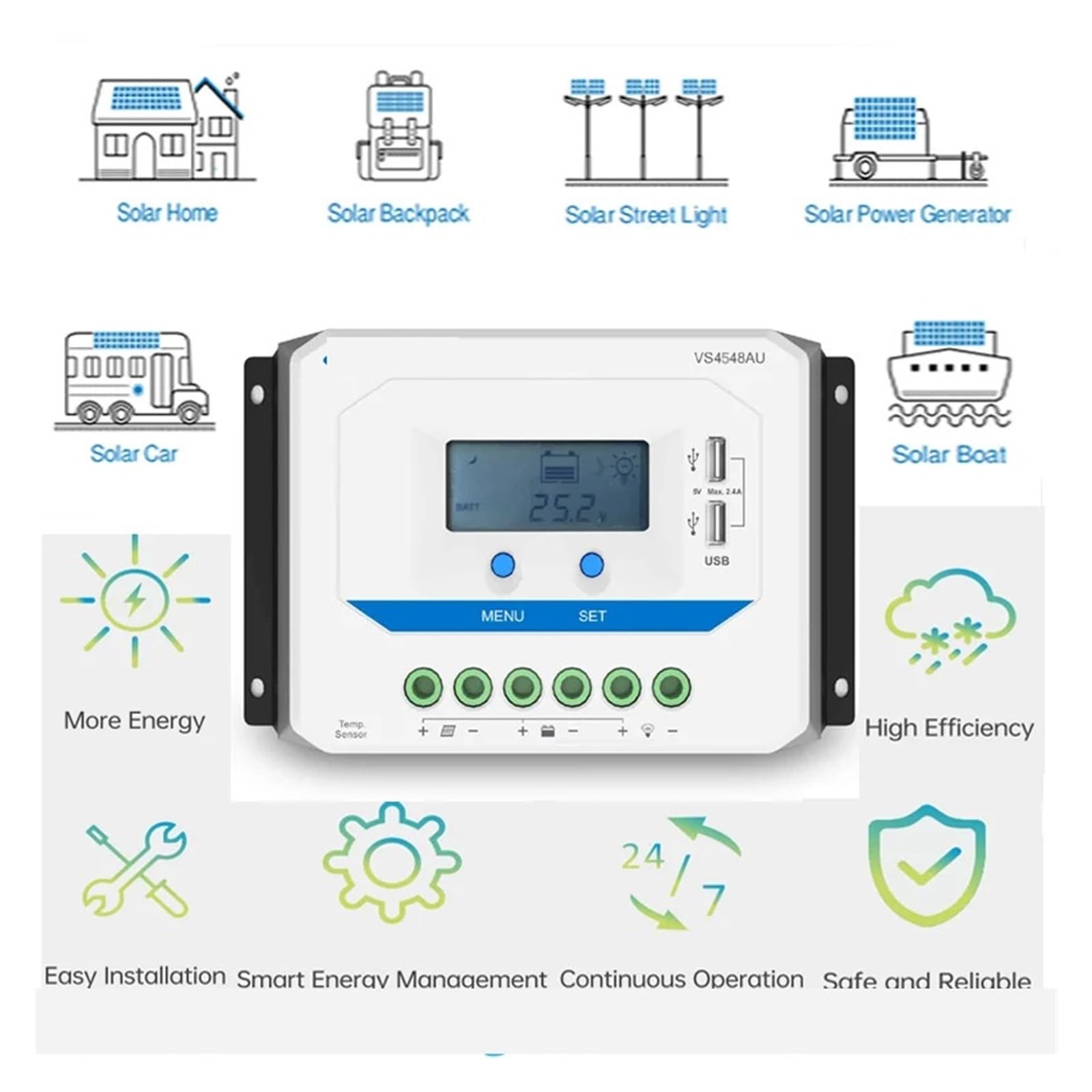 Regolatore di Carica Pannello Solare, 10A20A30A PWM Regolatore di Carica Solare 12V24V Auto 45A 60A Regolatore for Il Solare Diaplay LCD Due Porte USB(20A)